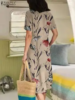 ZANZEA Kadın Orta Buzağı Uzunluğu Sundress Bohemian Çiçek Baskılı Elbise Kısa Kollu V Yaka Vestidos Zarif Rahat Gevşek Midi Elbise 1