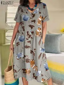 ZANZEA Kadın Orta Buzağı Uzunluğu Sundress Bohemian Çiçek Baskılı Elbise Kısa Kollu V Yaka Vestidos Zarif Rahat Gevşek Midi Elbise 2