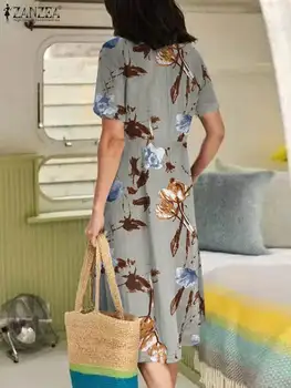 ZANZEA Kadın Orta Buzağı Uzunluğu Sundress Bohemian Çiçek Baskılı Elbise Kısa Kollu V Yaka Vestidos Zarif Rahat Gevşek Midi Elbise 3