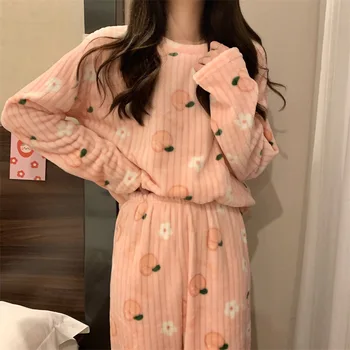 Kadın Kadın Basılı Sıcak Pazen Dikiş Pijama Mercan Polar Uzun Kollu Set Sonbahar Ve Kış Pijama