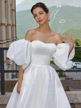 Bir-Line Gelinlik Sequined Saten Fener Kollu Dantel-Up Basit Gelinlik Askısız Elbise Romantik Vestido De Zarif Noiva