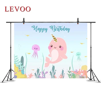 Levoo Karikatür Sualtı Dünyası Narwhal Tema Fotoğraf Arka Plan Mutlu Doğum Günü Bebek Duş Parti Zemin Sahne Dekorasyon