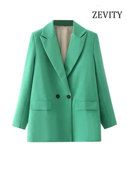 Zevity Kadınlar Şık Ofis Bayan Kruvaze Blazer Vintage Ceket Moda Çentikli Yaka Uzun Kollu Bayan Giyim Şık Üstleri