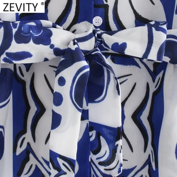 Zevity Kadınlar Vintage V Boyun Mavi Totem Çiçek Baskı Yay Sashes Gömlek Elbise Kadın Şık Göğüslü Casual Slim Mini Vestidos DS8629