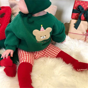 2023 Kış Yeni Yıl Kırmızı Yeşil Tulum Noel Kalın Bebek Kazak Seti Noel Kostüm Kadife Takım Elbise Kırmızı Karikatür Ayı Kıyafetler