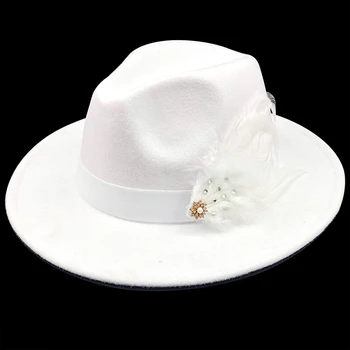 YENİ beyaz Yün Kadınlar İçin tüy Fedora Şapka Kış Sonbahar ElegantLady Disket Cloche Geniş Ağız erkekler Caz Caps