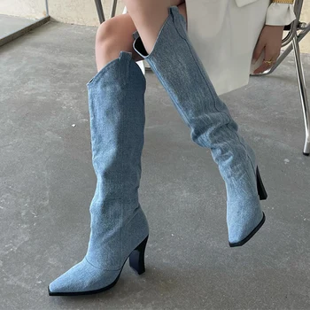 Lıke Batı Tarzı Mavi Denim Diz Yüksek kovboy çizmeleri Kadınlar İçin Seksi Sivri Burun Slip-On Kare Topuk Bayanlar Cowgirl Patik Ayakkabı