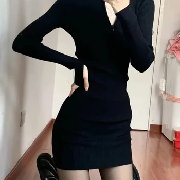 Siyah kadın Kazak Örme Tek parça Elbise Seksi Kore Moda Kısa Şal Örme Elbiseler Kadınlar için Bodycon Mini 2022 Sonbahar Yeni