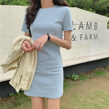 Yaz Kısa Kollu Elbise Katı O-Boyun Gevşek Bayan Eğlence Günlük Streetwear Basit Tüm Maç Kore Tarzı Şık Moda BF Yeni