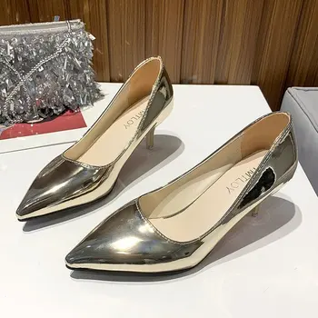 Bahar kadın Ayakkabı Pompaları Mikrofiber Yüksek Topuklu Kadın Sivri Burun Lüks Bayan Altın Gümüş Ofis Sevgililer Ayakkabı Artı Size43