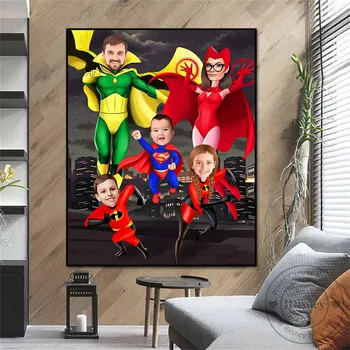 Marvel Özel Portre Aile 5 Karakter Kişiselleştirilmiş Süper Kahraman Baba Anne ve Çocuk Karikatür Avengers Portre En İyi Hediye