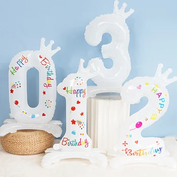 32 İnç Standı Beyaz Numarası Folyo Balonlar Taç 0-9 Mutlu Doğum Günü Düğün Parti Dekorasyon Bebek Duş Büyük Rakamlar Globos