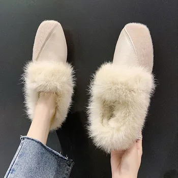 Kadın Kış Tavşan Kürk Kare Burunlu Ayakkabı Bayanlar Kabarık Peluş Flats Moccasins Retro Sıcak Loafer'lar Kadın rahat ayakkabılar Kadın Katır