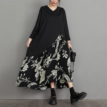 V Boyun Büyük Boy Gevşek Fit Siyah Baskılı Yeni Sonbahar Kadın Uzun Kollu Elbise Rahat Tatil Çiçek Baskı büyük elbise Elbise JJXD185