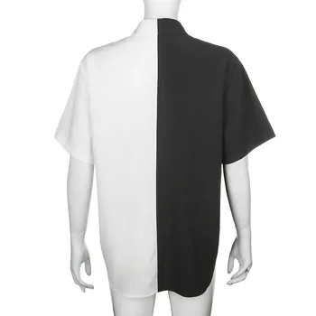 Siyah ve Beyaz Büyük Boy Gömlek Kısa Kollu Düğmeli Yakalı Yin Yang Üstleri Harajuku Kadın e-kız Casual Streetwear /
