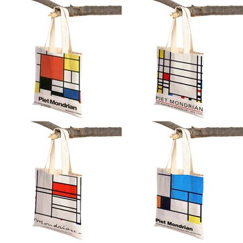 Piet Mondrian Geometrik Çizgi Renk Bloğu Çift baskılı alışveriş çantası Kadın alışveriş çantaları Bayan Tuval Tote Kullanımlık seyahat el çantası