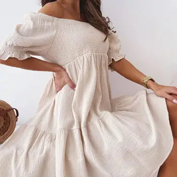 Mini Elbise Kadınlar Seksi Backless Kapalı Omuz Fırfır Elastik Düz Renk Kısa Kollu Elbise Elbise Kalma Streetwear