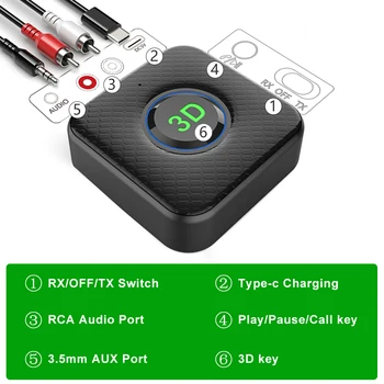 Bluetooth uyumlu 5.1 Alıcı Verici 3D AUX 3.5 mm 3.5 Jack RCA Kablosuz Ses Adaptörü Dongle için Mic ile araba hoparlörü 0