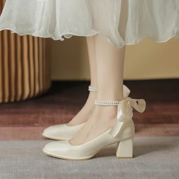 Retro deri ayakkabı Kadın Erken Bahar Yay Boncuklu Tıknaz Topuk Ayakkabı Fransız Mary Jane Kare Ayak kadın ayakkabısı Fransız Yüksek Topuklu