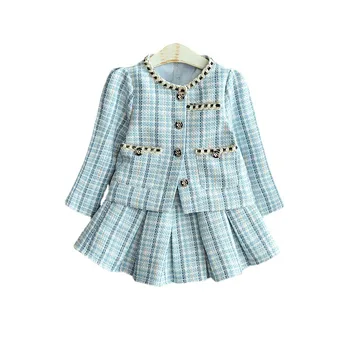 Sonbahar Çocuk Giyim Kız Kıyafetler Kız Elbise 2022 İlkbahar Sonbahar Uzun kollu Ekose Üst + etek İki parçalı Setleri Toptan Giyim
