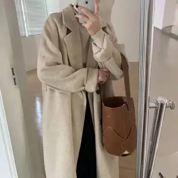Uzun Kollu Zarif Rahat Yün Kadın Sonbahar Kış Düz Renk Tatlı V Boyun Kore Gevşek Vintage Moda Bayan Uzun Ceket 2022