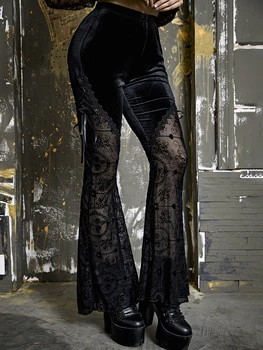 InsDoit Gotik siyah Pantolon Kadın Streetwear Lolita Dantel Patchwork Kadife Seksi Yaz Flare Pantolon Punk Moda Bandaj Pantolon