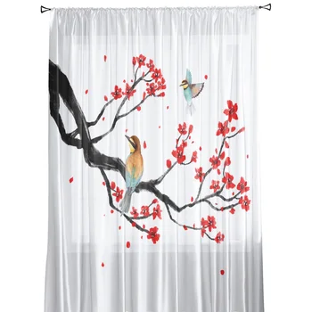 Çin Tarzı Çiçek Kuş Tül Sırf Pencere Perdeleri Oturma Odası Yatak Odası Vual Organze Dekoratif Perdeler Perdeler