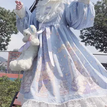 QWEEK Tatlı Kawaii Lolita Elbise Kadınlar Yumuşak Kız Sevimli Melek Baskı Dantel Yay Peri Parti Elbiseler Kostüm Üniforma Kadın 2022