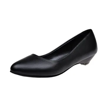 Siyah düşük topuklu PU deri iş ayakkabısı kadın profesyonel kadın ayakkabısı yuvarlak kafa kama ayakkabı pompaları kadın büyük boy WSH3181