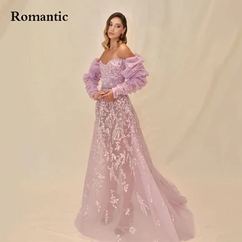 Romantik Bir Çizgi Akşam Elbise Mor Tül Aplike Çiçek Kapalı Omuz Tam Kollu Uzun Balo Abiye Kat Uzunluk 2022