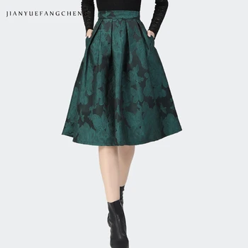 Vintage Yeşil Jakarlı Etek Kadın Orta Uzunlukta Yüksek Bel A-Line Etekler Sonbahar Yeni Zarif Moda Bayanlar Tüm Maç Midi Etekler