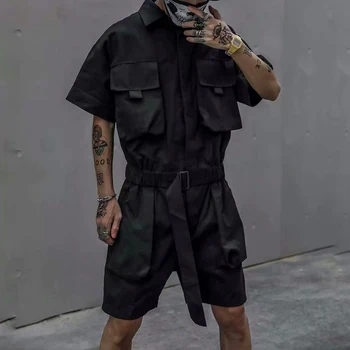Moda Erkek Kargo Tulum Düz Renk Şık 2022 Streetwear Tulum Kısa Kollu Çok Cepler Şort Gevşek Erkek Tulum