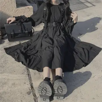 Lolita Tüm Maç Basit Katı O-Boyun Zarif Harajuku Orta buzağı Kadınlar Katı Ruffles Japon Tarzı Gotik Şık Uzun Kollu Elbise
