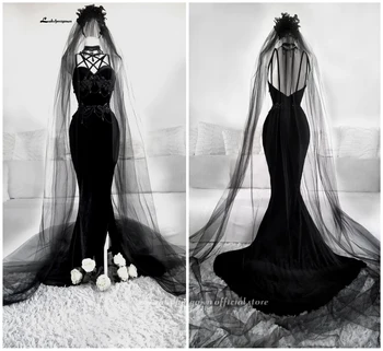Artı Boyutu Siyah mermaid Gotik düğün elbisesi Çiçekler gelinlikler 2021 Illusion Aplikler gelinlik vestido de noiva