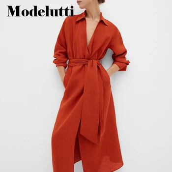 Modelutti 2022 Yeni Bahar Yaz Moda Uzun Kollu Elbiseler Kadın Kemer İnce Zarif Katı Basit Bayanlar Midi Elbiseler Kadın 0