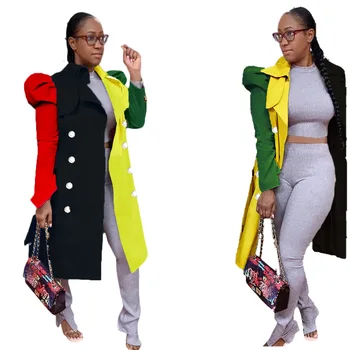 ROENICK Kadınlar 2021 Kış Kontrast Renk Düğmesi Puf Kollu trençkotlar Kalın Sıcak Paltolar Büyük Boy Uzun Tarzı Ceketler