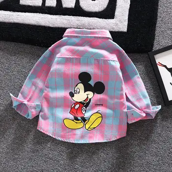 Çocuk Gömlek Toddler Ekose Elbise Sonbahar Mickey Mouse Gömlek Genç Kızlar için Moda Uzun Kollu Bluz Giyim Giysi