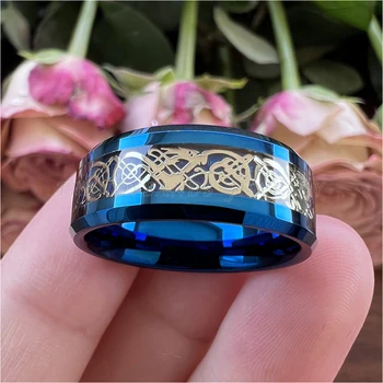 8mm Mavi Ejderha Tungsten Karbür Düğün Band Erkekler Kadınlar Takı Nişan Yüzüğü Eğimli Kenarları Konfor Fit