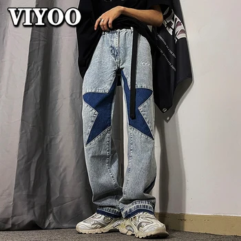 Erkek Y2K Elbise Pantolon Harajuku Nakış Düz Flare Erkek Kot Retro Yırtık Rahat Kot Geniş Bacak Pantolon Streetwear
