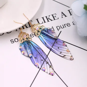 Renkli Neon Renk Rhinestone Ağustosböceği Kanatları Küpe Trendy Yeni Kelebek Degrade Pembe Mavi Sequins Uzun Küpe