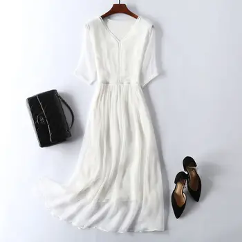 100 % Gerçek İpek yaz elbisesi 2020 Vintage Zarif Maxi Parti Elbise kadın kıyafetleri Bayanlar Elbiseler Parti Beyaz Elbise Vestidos 18003