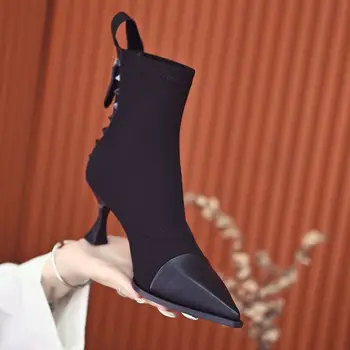 Retro Streç Çorap Çizmeler Kadın Sonbahar / Kış Yeni Moda Sivri Burun Fermuar Tek Çizmeler Dikiş Yüksek Topuklu Kadın Ayakkabı 1