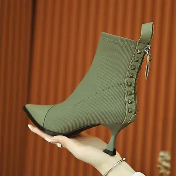 Retro Streç Çorap Çizmeler Kadın Sonbahar / Kış Yeni Moda Sivri Burun Fermuar Tek Çizmeler Dikiş Yüksek Topuklu Kadın Ayakkabı 2