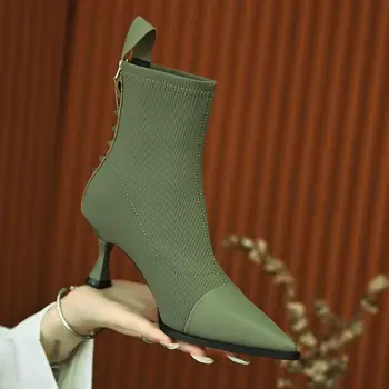 Retro Streç Çorap Çizmeler Kadın Sonbahar / Kış Yeni Moda Sivri Burun Fermuar Tek Çizmeler Dikiş Yüksek Topuklu Kadın Ayakkabı 4