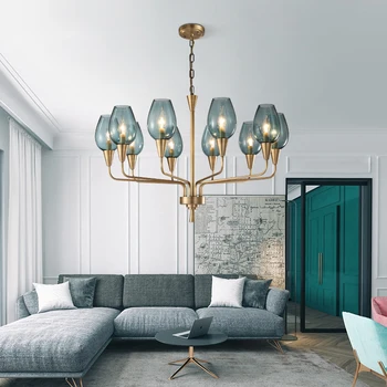 Iskandinav tam bakır oturma odası kolye ışıkları Post Modern basit yatak odası mavi cam abajur amerikan tarzı ışık lüks lamba 4