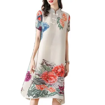 Yaz Kadın Moda Pilili Elbise Çin Tarzı Gevşek Zarif Vintage Çiçekli Baskı Toka Standı Yaka Cheongsam Takım Elbise
