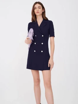 2022 Yaz Yeni MAJ * A-line örme elbise Kadınlar Klasik Retro Koyu Mavi Kruvaze Kısa kollu Takım Elbise Yaka Ofis Bayan Elbise