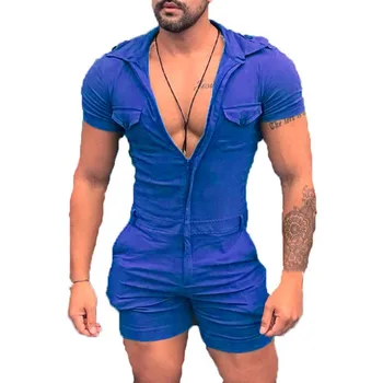 Erkek Düz Renk Kapşonlu Bodysuit Zip Şort Tek Parça Set