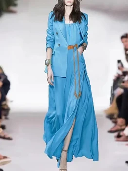Delocah yüksek kaliteli yay Kadın Moda Tasarımcısı 2 Parça Setleri Uzun Kollu Gevşek Ceket + Seksi Cami Yüksek Bel Mavi Elbiseler