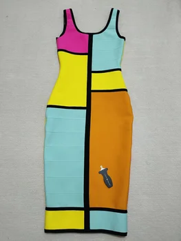 Bandaj Elbise Kadınlar İçin 2022 Yaz Patchwork Renkli O-boyun Kolsuz Midi Elbise Bodycon Parti Zarif Akşam Doğum Günü